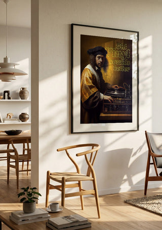 Old Vinyl Sounds Better by Dikhotomy in a black frame in a bright dining room with wooden chairs