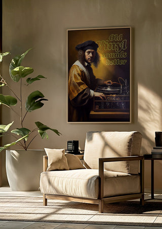 Old Vinyl Sounds Better by Dikhotomy framed above a beige armchair beside a potted plant