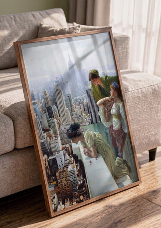Manhattan View by Dikhotomy in a walnut frame leaning against a grey sofa