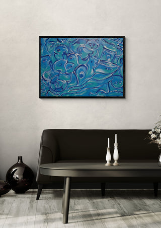 Was das Meer trägt · What the Sea Carries by ELIZA Leopold in a black frame above a dark sofa with candlesticks and a vase