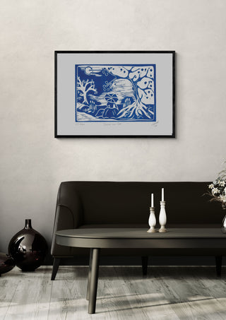 Dame am See · Lady by the Lake by ELIZA Leopold in a black frame above a dark sofa with candlesticks and a vase
