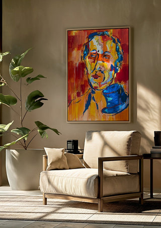 Man in a Blue Hat by René J framed above a beige armchair beside a potted plant