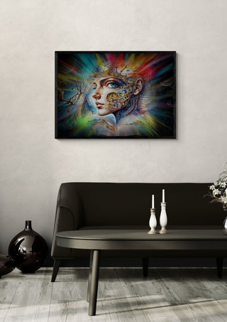 Cosmic Visions 3 by Walter Zettl in a black frame above a dark sofa with candlesticks and a vase