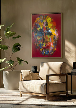 Colour Mask by René J framed above a beige armchair beside a potted plant