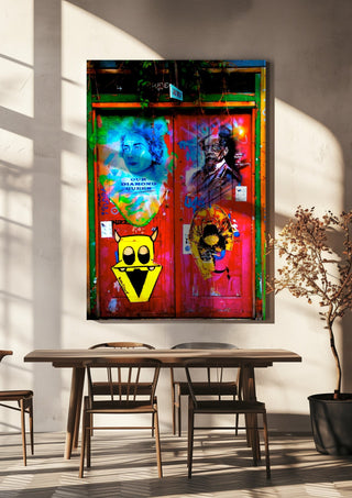 Graffiti Door by Pelecan Schneider hanging above a wooden dining table in warm sunlight