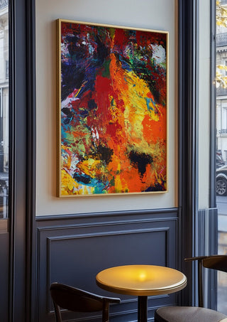 Red Abstract by René J in an oak frame on a panelled café wall