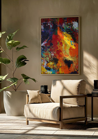 Red Abstract by René J framed above a beige armchair beside a potted plant