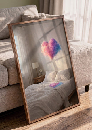A Private Weather by Haris Delic in a walnut frame leaning against a grey sofa