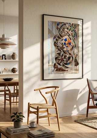 Orbit of the Wild by Haris Delic in a black frame in a bright dining room with wooden chairs