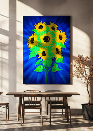 Sunflowers by Walter Zettl hanging above a wooden dining table in warm sunlight