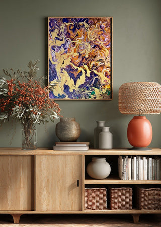 Cream and Amethyst by Da Winters above a wooden sideboard on a sage green wall