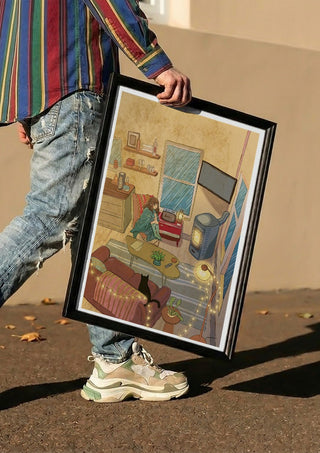 Evening by Nina Broen carried in a black frame along a sunny street