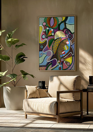 Peaceful Power by LGDyrby framed above a beige armchair beside a potted plant