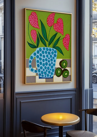 Kiwi My Heart by LGDyrby in an oak frame on a panelled café wall