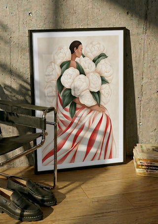 White Peonies by Martina Karlsson in a black frame leaning against a concrete wall by a steel chair