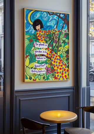 To Plant a Garden by Camilla Nilsson in an oak frame on a panelled cafe wall