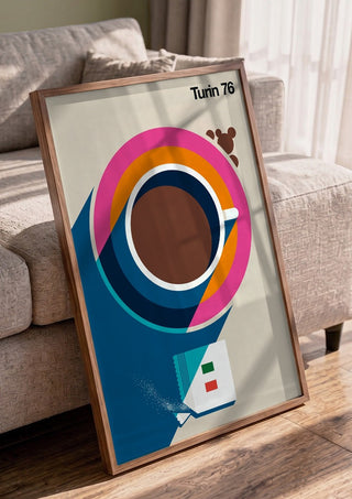 Turin 76 by Bo Lundberg in a walnut frame leaning against a grey sofa