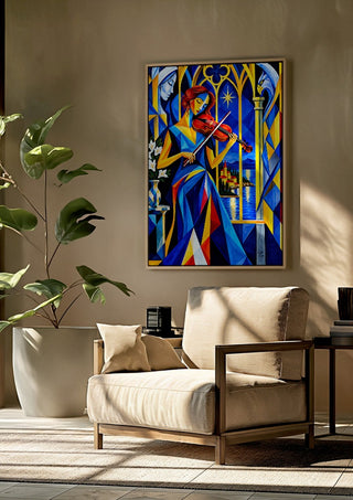 The Violinist at the Window by Andreas Gerlach framed above a beige armchair beside a potted plant