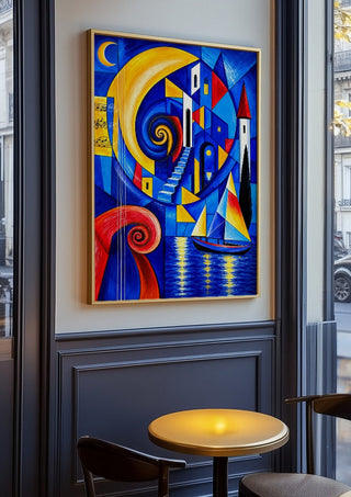 Echo of Times by Andreas Gerlach in an oak frame on a panelled cafe wall