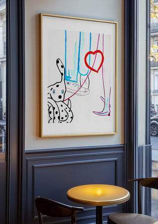 The third wheel by NKo in an oak frame on a panelled cafe wall