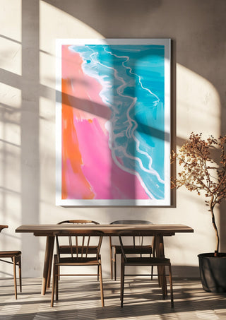 Pink hour on the beach by Ohkimiko hanging above a wooden dining table in warm sunlight