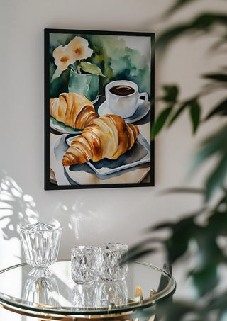 Petit dejeuner - coffee and croissants by Ohkimiko in a black frame above a glass table with crystal glassware