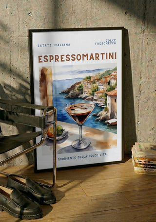 Dolce Freschezza - Espresso Martini by Ohkimiko in a black frame leaning against a concrete wall by a steel chair