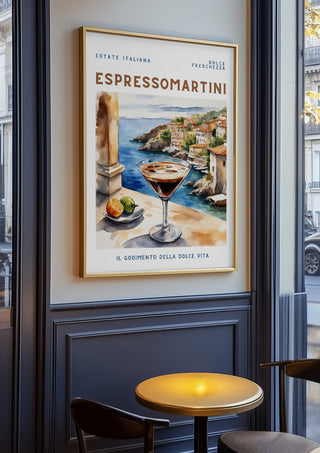 Dolce Freschezza - Espresso Martini by Ohkimiko in an oak frame on a panelled cafe wall