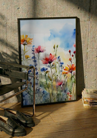 Wildflowers by Ohkimiko in a black frame leaning against a concrete wall by a steel chair