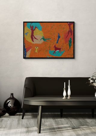 Constellation of Fire by António D'Albuquerque in a black frame above a dark sofa with candlesticks on a round table