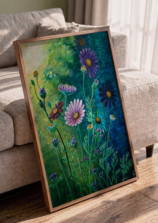Daisies at Dusk by Svetla Stoyanova Bassi in a walnut frame leaning against a grey sofa