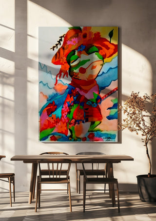 The little frog by Nittaart hanging above a wooden dining table in warm sunlight