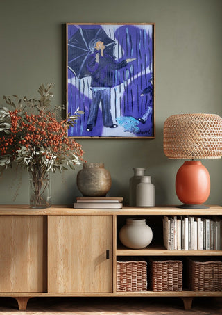 Tanz durch den Regen by Trude above a wooden sideboard on a sage green wall