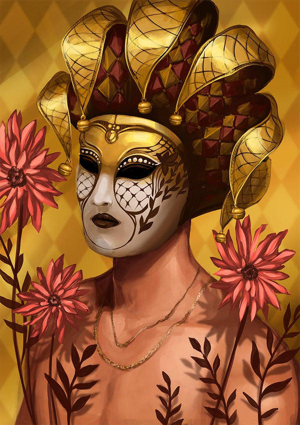Artistic poster of a figure in an ornate jester mask with gold accents, surrounded by pink flowers.