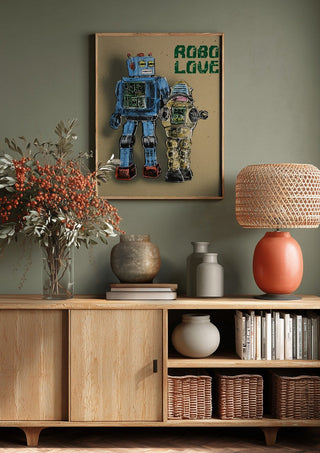 Robo Love by Carl Smith ART above a wooden sideboard on a sage green wall