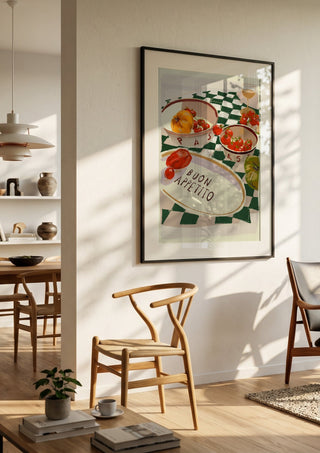 Buon Appetito by ThingDesign in a black frame in a bright dining room with wooden chairs