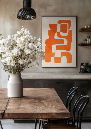 Abstract Art 55 - 7 by ThingDesign in a black frame above a rustic table with white flowers
