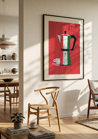 Italian coffee by Bo Lundberg in a black frame in a bright dining room with wooden chairs
