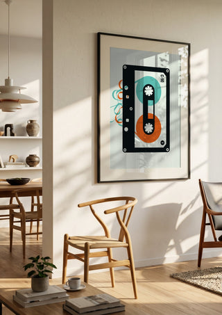 Mixtape by Bo Lundberg in a black frame in a bright dining room with wooden chairs