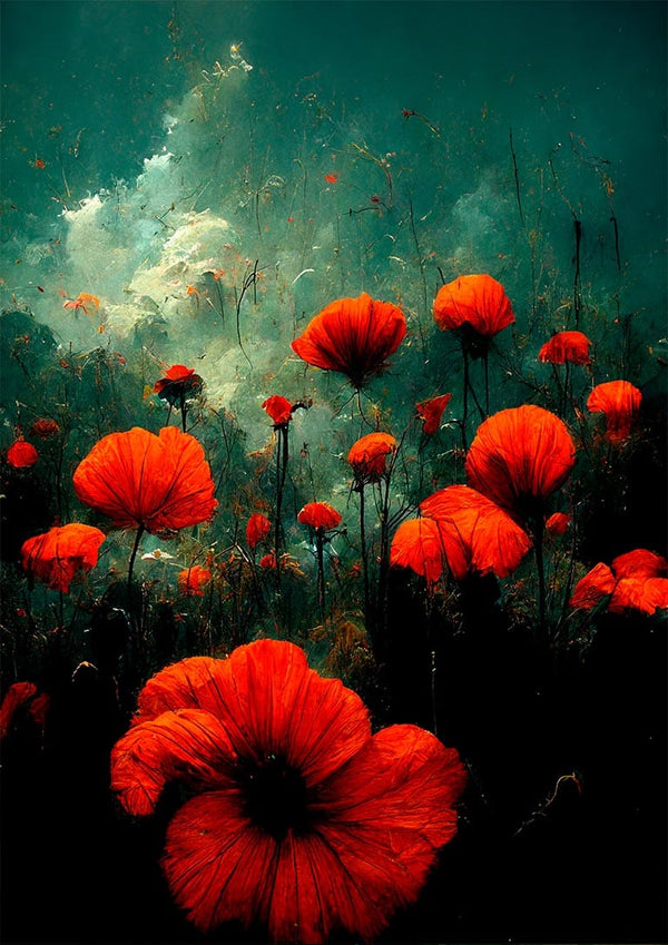 Vibrant red poppies bloom in a dreamy landscape, featured on the Winnie Møller - Valmue Mark product page.