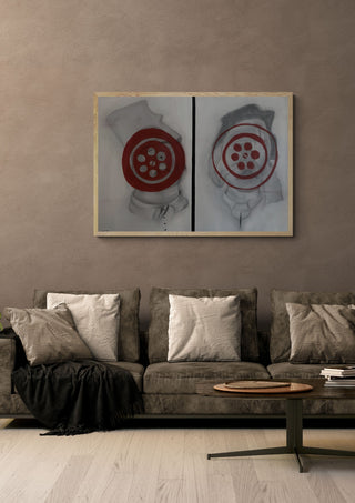 De maat by Julian staal in a light oak frame above a grey sofa on a warm brown wall