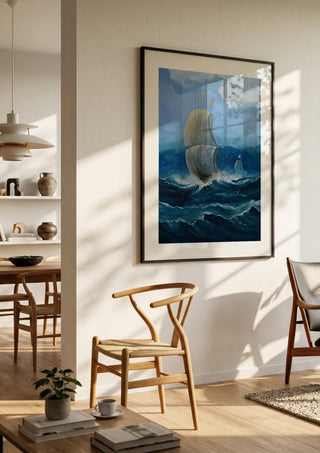 Full Sail by Justyna Kopania in a black frame in a bright dining room with wooden chairs