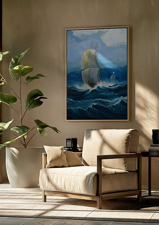 Full Sail by Justyna Kopania framed above a beige armchair beside a potted plant