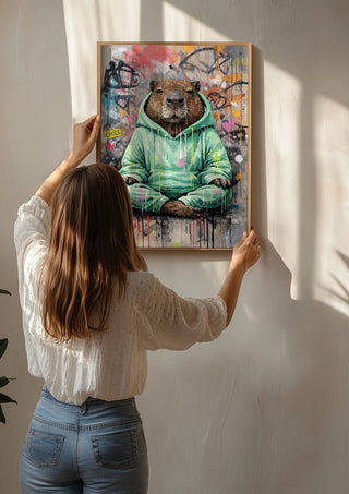 Capybara x Grafitti by Decker Studios being hung on a sunlit wall