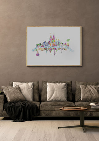 Köln by ullimcart in a light oak frame above a grey sofa on a warm brown wall