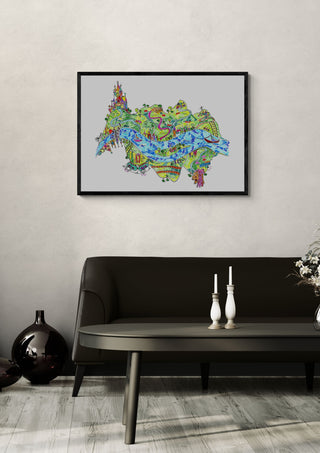 Siebengebirge by ullimcart in a black frame above a dark sofa with candlesticks on a round table