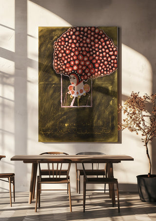 Madame Rose by Ali Kasap hanging above a wooden dining table in warm sunlight