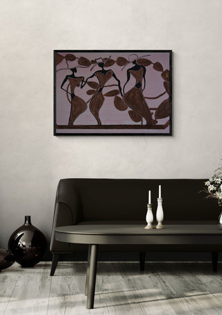 Madames by Ali Kasap in a black frame above a dark sofa with candlesticks on a round table