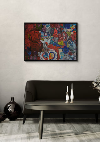 RED ROOM by Ali Kasap in a black frame above a dark sofa with candlesticks on a round table