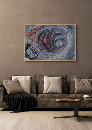 Oltre l'immaginazione - Beyond imagination by PeKo in a light oak frame above a grey sofa on a warm brown wall